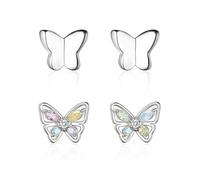 Juego de 2 pares de pendientes de mariposa de plata de ley con diseño de mariposa, hipoalergénicos, pendientes de mariposa plateados, Plata