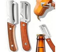 Juego de 2 peladores de verduras multifuncionales,2 en 1 de acero inoxidable con mango de madera y abrebotellas, herramienta de cocina resistente para patatas,calabaza y frutas (1pc Peine+1pc Peeler)