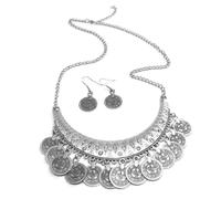 Juego de 2 pendientes de cadena de clavícula de plata de moda gitana con monedas étnicas, pendientes de cumpleaños para novia, talla única, como se describe, como se describe