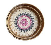 (Juego de 2 piezas A) 2 bandejas de mesa hechas a mano de ratán, redondas, coloridas, para guardar pan