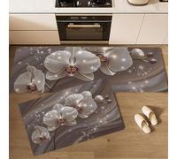 Juego De 2 Piezas De Alfombras De Cocina Antideslizantes, Pasillo Tapetes Brillo 3D Orquídea Phalaenopsis Marrón, Alfombrillas Planta Lujosa Onda Lavables Con Base De Silicona, 44X75+44X120Cm
