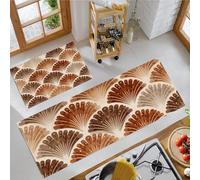 Juego De 2 Piezas De Alfombras De Cocina Antideslizantes, Pasillo Tapetes Elegante Forma De Abanico De Acuarela Ocre, Alfombrillas Geométrico Retro Lavables Con Base De Silicona, 44X75+44X120Cm