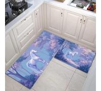 Juego De 2 Piezas De Alfombras De Cocina Antideslizantes, Pasillo Tapetes Jungla De Fantasía Pegaso Morado Claro, Alfombrillas Ilustración Animal Lavables Con Base De Silicona, 40X60+40X120Cm