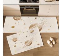 Juego De 2 Piezas De Alfombras De Cocina Antideslizantes, Pasillo Tapetes Planetas En Lámina Dorada Galaxia Beige, Alfombrillas Ilustración Retro Lavables Con Base De Silicona, 50X80+50X150Cm