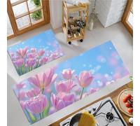 Juego De 2 Piezas De Alfombras De Cocina Antideslizantes, Pasillo Tapetes Tulipanes Naturales De Primavera 3D Rosa Azul, Alfombrillas Paisaje Vegetal Lavables Con Base De Silicona, 44X75+44X120Cm