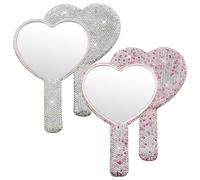 Juego de 2 piezas de espejo en forma de corazón con mango y marco de diamantes de imitación con mango y marco, diseño compacto, espejo de cristal de viaje para maquillaje y 4.3 x 6.3 pulgadas