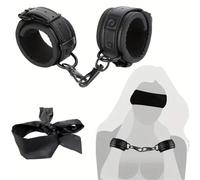 Juego de 2 piezas de esposas de cuero negro con reposabrazos con hebilla, equipadas con un antifaz de satén de 59 pulgadas de largo, cuero de PU, esposas para las muñecas con antifaz, suaves y cómodas