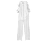 Juego de 2 piezas de lino para mujer, camisas de manga larga con botones y solapa, pantalones de pierna ancha con bolsillos, conjunto casual de color liso, de algodón y lino, camisa de manga larga con