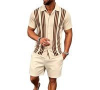 Juego de 2 piezas para hombre, retro, color beige con rayas marrones verticales, camisa de manga corta con cuello de solapa y tira de botones, cordón de color liso, tejido elástico suave para ciudad