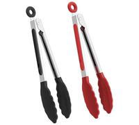 Juego de 2 pinzas de cocina de silicona para asar, cocinar y servir, resistentes al calor para sartenes antiadherentes, utensilios de cocina de acero inoxidable sin BPA, color negro y rojo