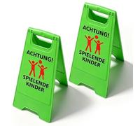 Juego de 2 placas de advertencia para niños, plegables, señales de tráfico "Achtung Spielende Kinder" con bandas reflectantes, señales de tráfico de alta visibilidad para calles de juego, camino