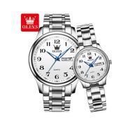 (Juego de 2 plateados) OLEVS 5567 Relojes de lujo de acero inoxidable para amantes Reloj de cuarzo dorado