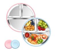 Juego de 2 Platos para Bebé de Acero Inoxidable con Ventosa de Ø 20 cm Silicona con 1 ventosa grande, sin BPA, antideslizante, funda de silicona extraíble, gris azulado + rosa