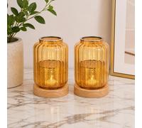 Juego de 2 Portavelas Cristal Ámbar con Base de Madera Ventilada, Centros Porta Velas Decorativos de Mesa Desmontables con Accesorios de Metal, Cúpula Cristal Antitérmica para Salón y Exterior