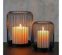 Juego de 2 portavelas grandes, metal negro, soporte ovalado, decoración y alambre negro