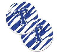 """"Juego de 2 posavasos para auto con monograma inicial T y rayas de tigre en azul y blanco de Caroline's Treasures CJ1034-TCARC 2.56 Multicolor""""