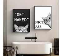 Juego de 2 pósteres decorativos para cuarto de baño, imágenes divertidas de alta calidad, impresión artística, diseño de gato blanco y negro, imágenes decorativas para