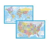Juego de 2 pósteres laminados de mapa del mundo y mapa de Estados Unidos, mapa de pared del mundo y Estados Unidos, fabricado en los Estados Unidos [azul claro]
