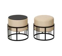 [en.casa] Puff Tas Juego de 2 Taburetes Apilables Reversibles Reposapiés Silla Tocador Diseño 2 en 1 Asiento Acolchado Tablero de Mesa Redondo MDF Metal 38xØ38 cm Beige