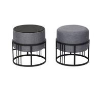 [en.casa] Puff Tas Juego de 2 Taburetes Apilables Reversibles Reposapiés Silla Tocador Diseño 2 en 1 Asiento Acolchado Tablero de Mesa Redondo MDF Metal 38xØ38 cm Gris Oscuro