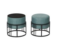 [en.casa] Puff Tas Juego de 2 Taburetes Apilables Reversibles Reposapiés Silla Tocador Diseño 2 en 1 Asiento Acolchado Tablero de Mesa Redondo MDF Metal 38xØ38 cm Verde