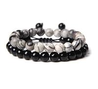 Juego de 2 pulseras elásticas con cuentas de ópalo blanco para mujeres y hombres, pulsera trenzada de ónix negro, cuerda elástica hecha a mano, joyería Reiki, Picasso negro, 19 cm