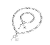 Juego de 2 pulseras y collar con colgante de llave de candado, joyería de regalo para ella, Style 2, Metal, Acero inoxidable.