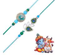 Juego de 2 Rakhi para Brother Rakhi Thread Bracelet Bhai Bhabhi Bhaiya Dora Set Bracelet Peacock Leaf Rakhee Gift Card God Design Charm Magnets for Brother Sister Return Gifts Indian Traditional Decor