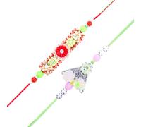 Juego de 2 Rakhi para Brother Rakhi Thread Bracelet Bhai Bhabhi Bhaiya veera Dora Set Bracelet with Red Green Flower Rakhee Gift Card Pack for Brother Sister Indian Traditional Raksha Bandhan Festival