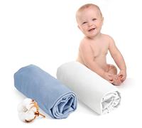 Juego de 2 Sabanas Cuna 60x120 Algodon Ajustables - Oeko Tex Certificado - Blanco Y Azul - Sabana Bajera Cuna 60x120 Algodon 100% Jersey