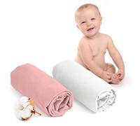 Juego de 2 Sabanas Cuna 70x140 Algodon Ajustables - Oeko Tex Certificado - Blanco Y Rosa - Sabana Bajera Cuna 70x140 Algodon 100% Jersey
