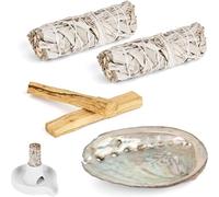 Juego de 2 salvia blanca y 2 Palo Santo Premium Californiana de concha de abulón, cultivo 100% controlado y sostenible, kit de ahumado elimina las energías negativas para rituales energéticos
