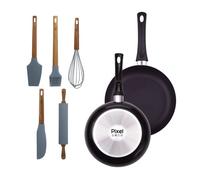 Juego de 2 sartenes ø20ø24cm en aluminio prensado y antiadherente + set de 5 utensilios de cocina de silicona y madera pixel chef sauce 20 cm