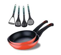 Bergner Classique | Juego de 2 Sartenes de 20 y 26 cm + Set de Utensilios | Fabricadas de Aluminio Forjado |Sartenes Antiadherentes y Utensilios Resistentes | Apta para todo tipo de Cocinas| Rojo