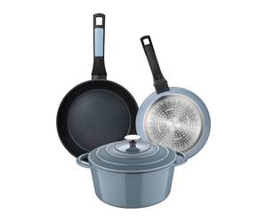 Juego de 2 Sartenes de Ø20Ø26cm Aluminio prensado + Cacerola con tapa Ø25,5x12cm (5L) en Hierro fundido color Azul NOIA San Ignacio