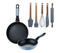Juego de 2 Sartenes de Ø20Ø26cm Aluminio prensado color Azul + Set de 5 Utensilios de silicona y madera NOIA San Ignacio