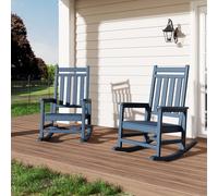 Juego de 2 Silla Mecedora para Exterior, Mecedora jardin de Madera, Mecedora de Respaldo a rayas verticales Moderna, Sillón con Carga de 160 kg, para Jardín, Patio, piscina, 61 x 89 x 102 cm (azul)