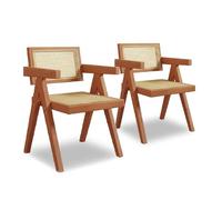 Juego de 2 sillas de comedor de estilo retro europeo, ratán de nogal claro con asiento de cuero, reposabrazos en forma de V, ideal para cocina, restaurante, cafetería