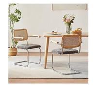 Juego de 2 sillas de comedor de ratán modernas de mediados de siglo con reposabrazos, asiento de terciopelo y respaldo tejido, altura de 65 cm, ideal para comedor o cocina, disponible en verde, negro,