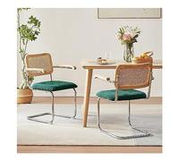 Juego de 2 sillas de comedor de ratán modernas de mediados de siglo con reposabrazos y respaldo tejido y asiento de terciopelo, altura de 65 cm, ideal para comedor o cocina, disponible en verde, negro