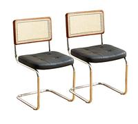 Juego de 2 sillas de comedor de ratán, modernas sillas de cocina y comedor de mediados de siglo con respaldo de bastón, cómodas sillas tapizadas de cuero, patas de metal (negro, 23.83 pulgadas de