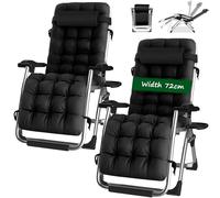 Juego de 2 sillas reclinables plegables para interiores y exteriores con portavasos, perfectas para patio, terraza, playa, piscina, cojín negro