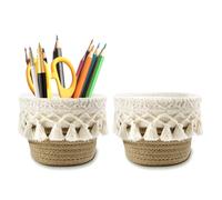 Juego de 2 soportes para brochas de maquillaje boho de 10 x 10 cm, cestas trenzadas, organizador de tocador para brochas de maquillaje, bolígrafos y cepillos, ideal como organizador de maquillaje,
