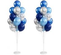 Juego de 2 soportes para globos, soporte de columna para globos con confeti dorado azul marino metálico plateado y azul mezclado para cumpleaños, boda, baby shower, graduación, decoración de fiesta de
