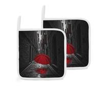 Juego de 2 soportes para ollas con paraguas rojo en la calle oscura, resistentes al calor, para cocina, barbacoa, parrilla, para hornear, decoración de Acción de Gracias, regalo de 8 x 8 pulgadas