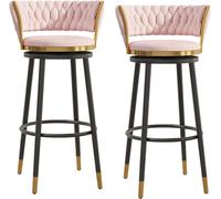 Juego de 2 taburetes de bar giratorios de terciopelo de lujo con respaldo curvado tejido reposapiés para el hogar, bar, cocina, isla de cocina, patas de metal rosa y negro, 75 cm