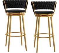 Juego de 2 taburetes de bar giratorios de terciopelo de lujo con respaldo curvado y reposapiés, asiento de terciopelo negro, patas de metal dorado, elegantes sillas de altura de mostrador para el