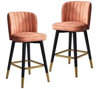Juego de 2 taburetes de bar giratorios de terciopelo de lujo, patas negras, reposapiés cromados dorados, 75 cm, color naranja, perfectos para el hogar, cocina, mostrador de recepción