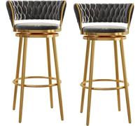 Juego de 2 taburetes de bar giratorios de terciopelo gris de lujo con respaldo curvado tejido y reposapiés, patas de metal dorado, ideales para el hogar, bar, isla de cocina, taburetes de mostrador de