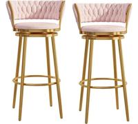 Juego de 2 taburetes de bar giratorios de terciopelo rosa de lujo con reposapiés curvado y patas de metal dorado, ideales para el hogar, bar o isla de cocina, taburetes de mostrador de 65 cm